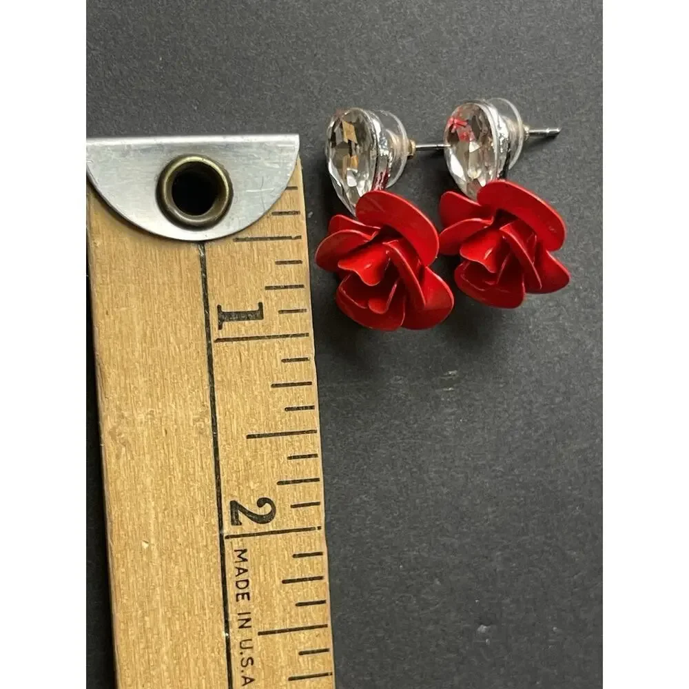 Rose Enamel Rhinestone Earrings Pierced Red Coquette Fairycore Y2K Statement